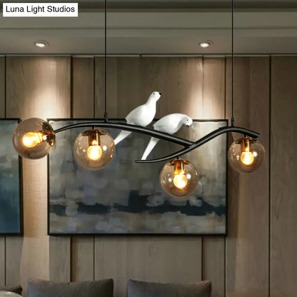 Globe Chandelier Light - Milk White/Smoke Grey Glass - Minimal 4 Lights - Black/Gold Finish - Birds Deco