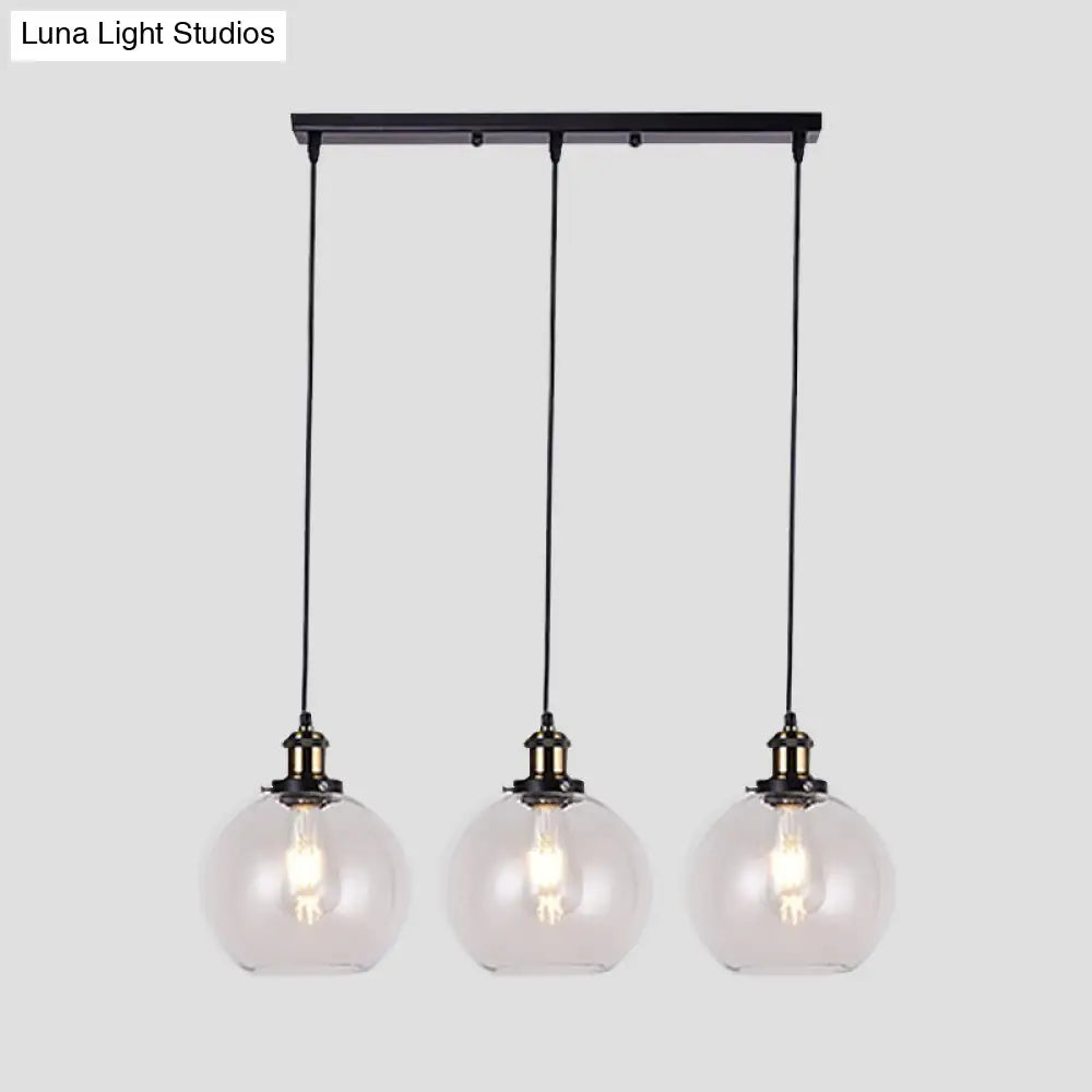 Globe Clear Glass Pendant Industrial Lighting - 3-Light, Linear Canopy, for Living Room