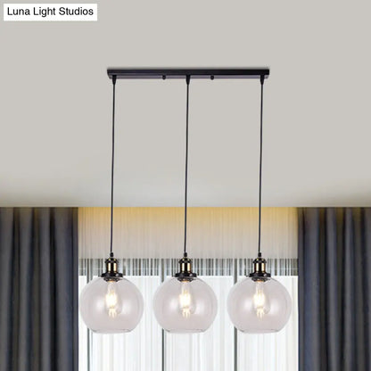 Globe Clear Glass Pendant Industrial Lighting - 3-Light, Linear Canopy, for Living Room