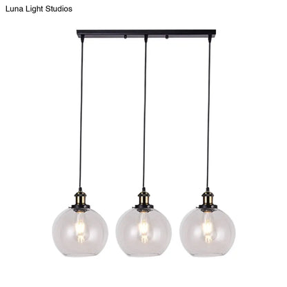 Globe Clear Glass Pendant Industrial Lighting - 3-Light, Linear Canopy, for Living Room