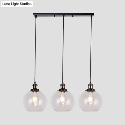 Globe Clear Glass Pendant Industrial Lighting - 3-Light, Linear Canopy, for Living Room