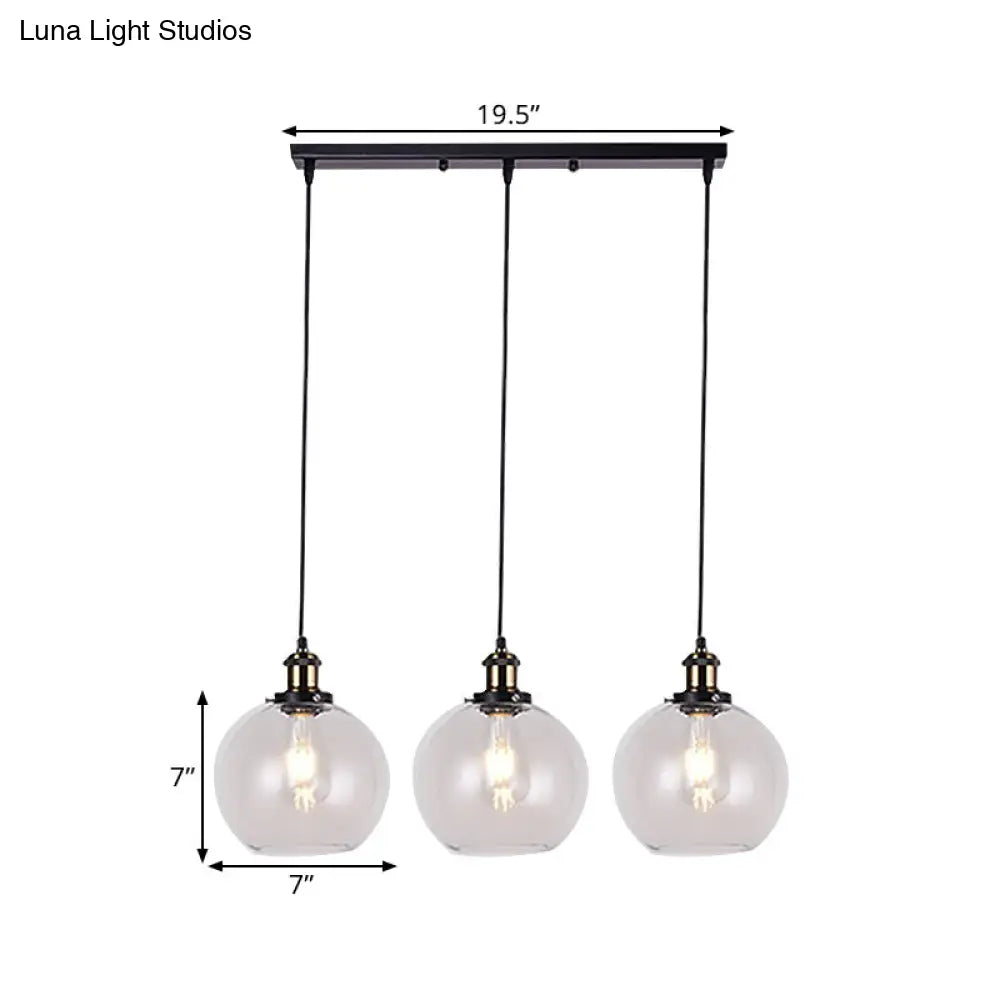 Globe Clear Glass Pendant Industrial Lighting - 3-Light, Linear Canopy, for Living Room