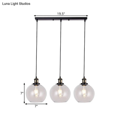 Globe Clear Glass Pendant Industrial Lighting - 3-Light, Linear Canopy, for Living Room