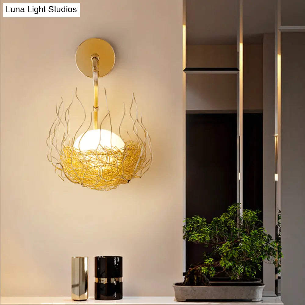 DecorBites™ Globe Glass Wall Light Fixture with Gold Nest Design - Postmodern Sconce - 8.5"/10" Wide