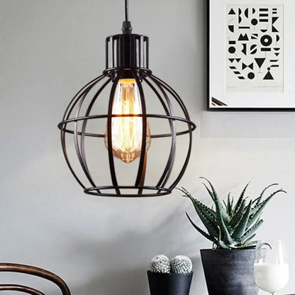 Globe Metal Hanging Pendant Lamp for Dining Room - Industrial Style, Single Light, Black Finish