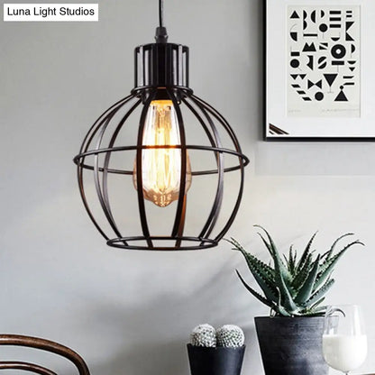 Globe Metal Hanging Pendant Lamp for Dining Room - Industrial Style, Single Light, Black Finish