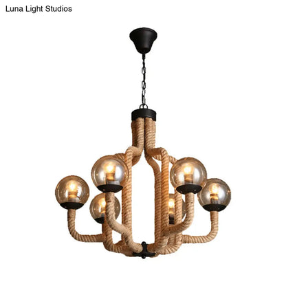 Globe Pendant Chandelier Industrial Rope - 6 Lights Beige - Glass Shade - Living Room Hanging Fixture