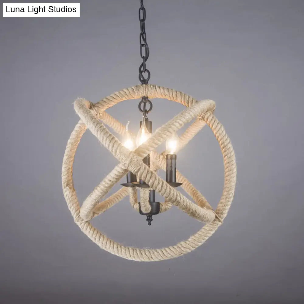 Globe Pendant Chandelier with Hemp Rope Accent - White Orbit Design, 3-Bulb Ceiling Light for Farmhouse Dining Room