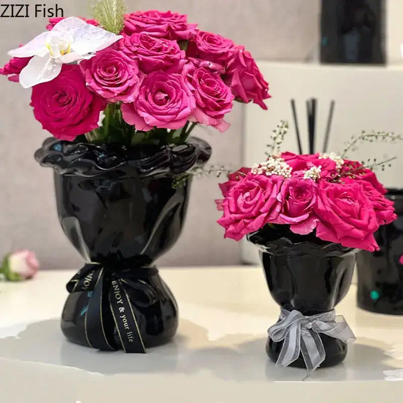 Glossy black ceramic vase by decorbites with ruffled rim and artificial flowers bouquet for bedroom decor