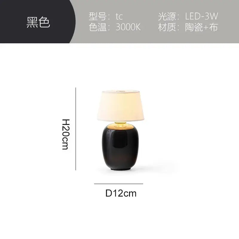 Glossy black ceramics table lamp with white fabric shade and gold-toned accents for stylish bedroom lighting