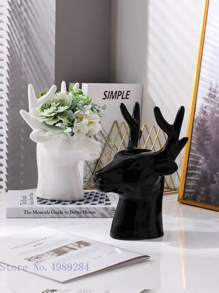 Glossy black deer head ceramic vase with antler design for living room decor by decorbites deer head