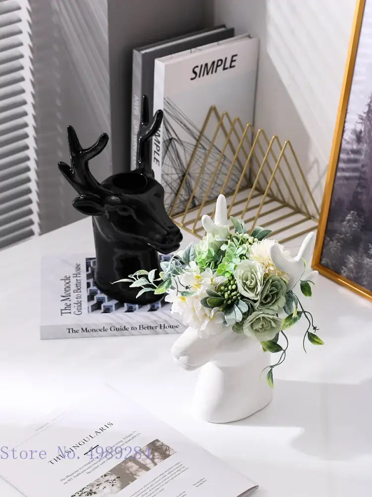 Glossy black decorbites deer head ceramic vase with white ceramic deer head holding artificial flowers for living room decor