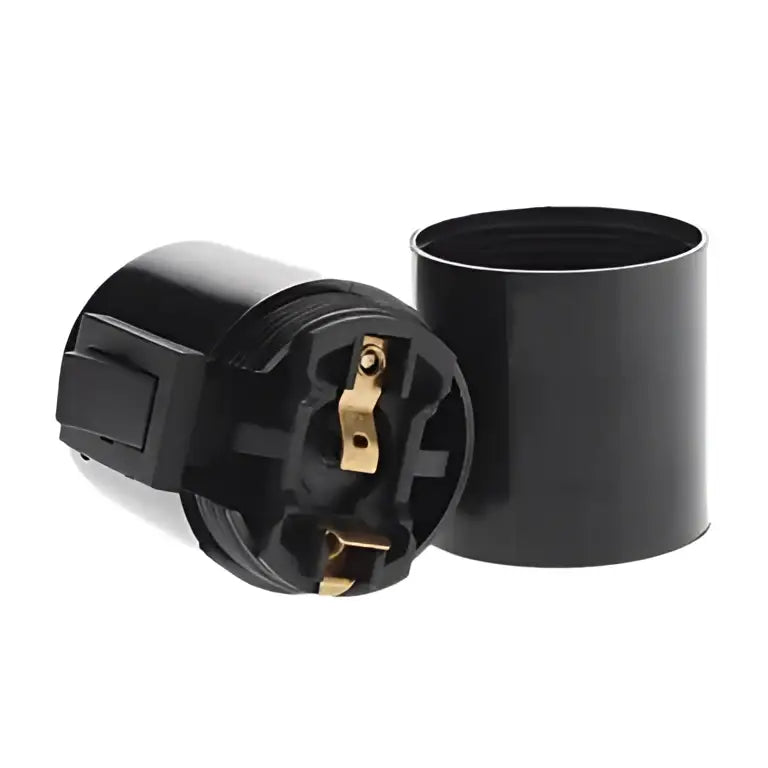Glossy black e27 socket lamp holder with toggle switch featuring black plastic lamp holder and gold metal contacts for bedroom light