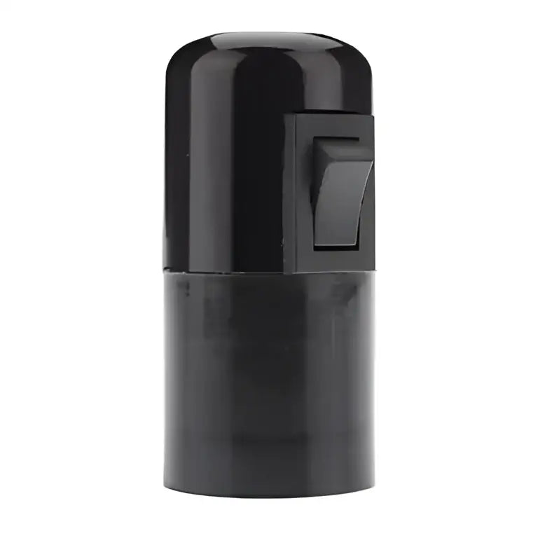 Glossy black e27 socket lamp holder with black plastic toggle switch featuring a rectangular lever for bedroom light