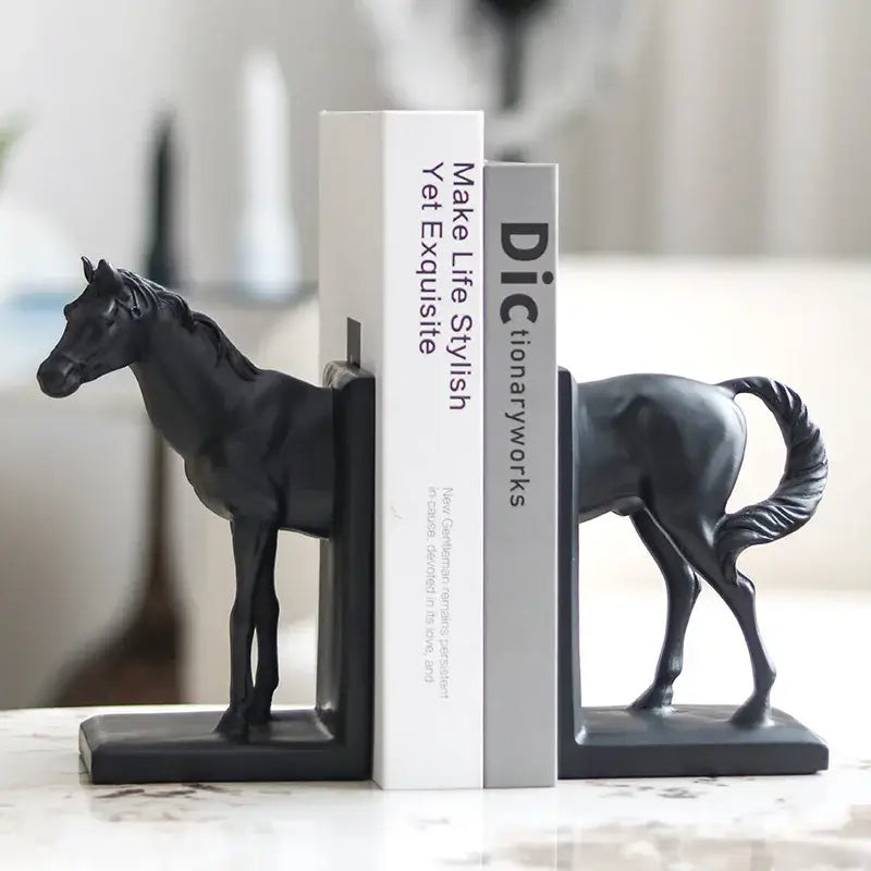 Glossy black horse stallion resin bookends with smooth finish perfect for decorbites dark horse living room decor