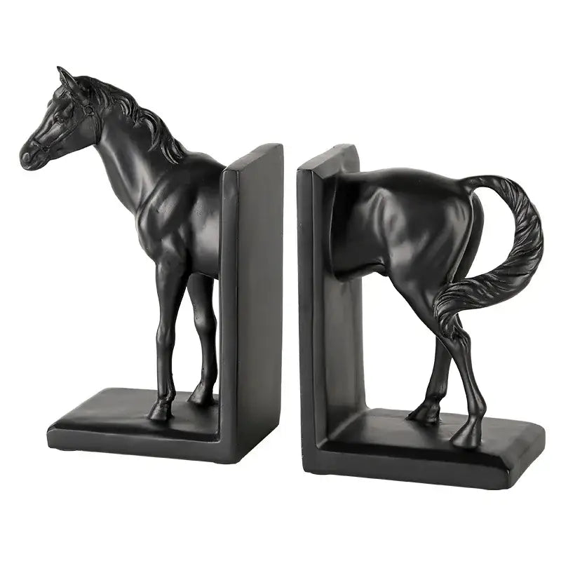 Glossy black horse stallion resin bookends with detailed sculpting for decorbites dark horse living room decor