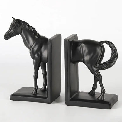 Glossy black horse stallion resin bookends with detailed sculpting for decorbites dark horse living room decor