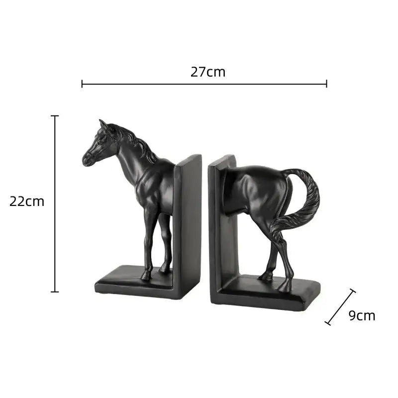 Glossy black horse stallion resin bookends with detailed sculpting for living room decorbites dark horse decor