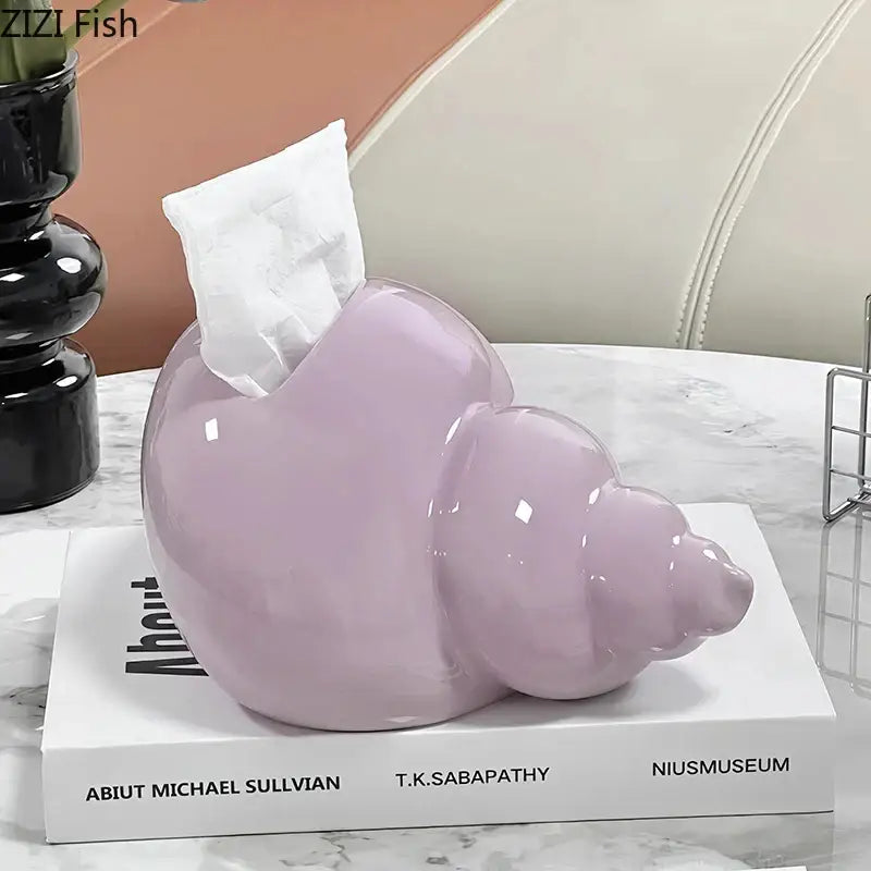 Glossy lavender ceramic tissue box shaped like a seashell for decorbites conch ceramic tissue in living room use