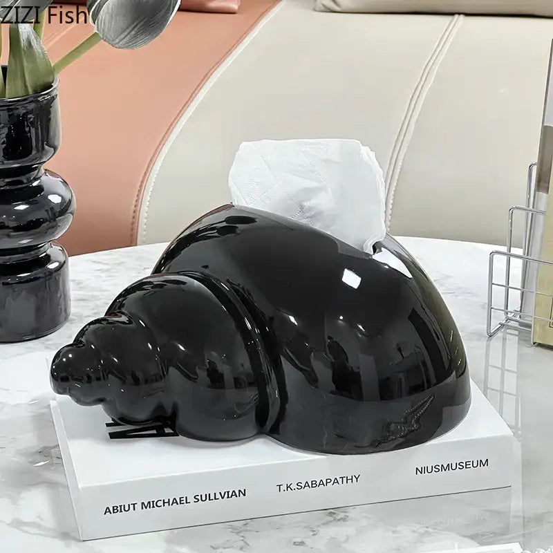 Glossy black conch ceramic tissue box holder by decorbites for stylish living room decor and functional use