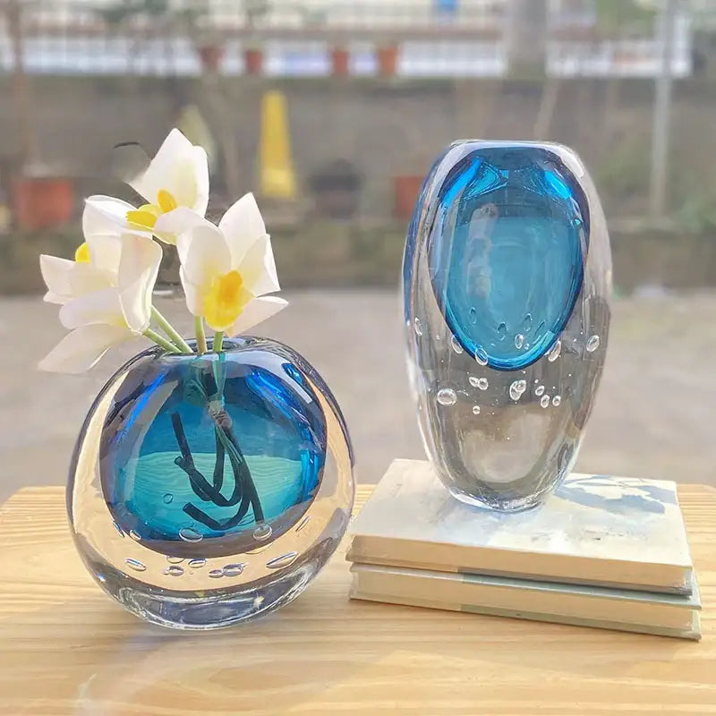 Glossy blue bubble crystal glass flower pot with clear, bubble-infused design and rounded base for living room decorbites crystal glass vase