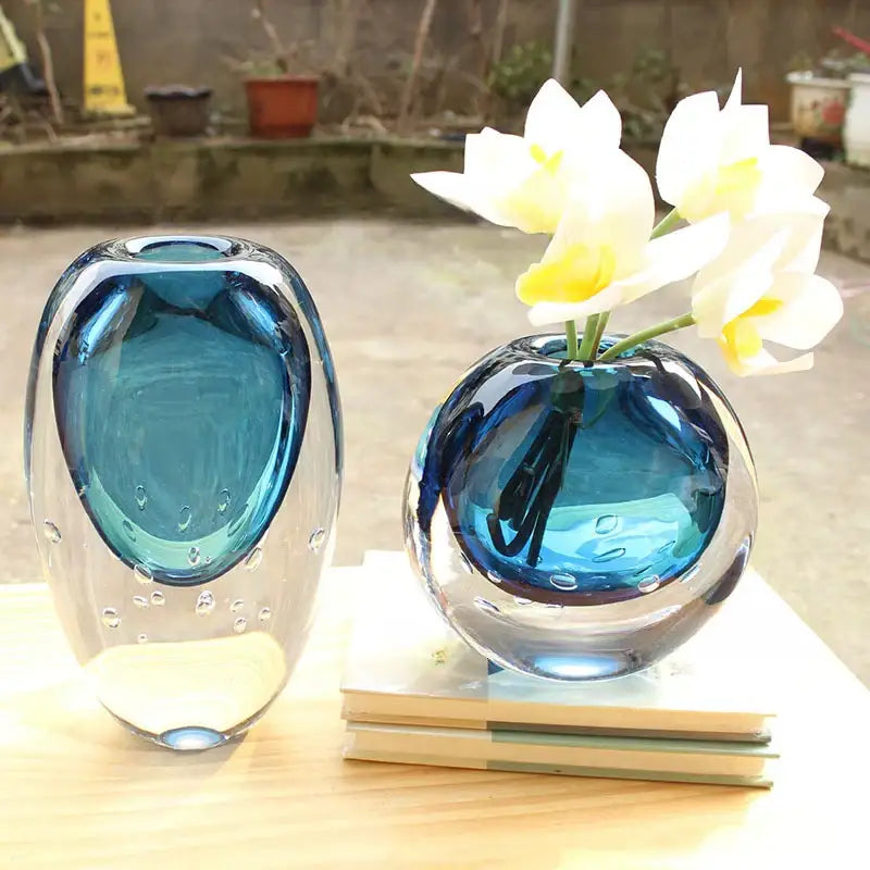 Two translucent blue decorbites crystal glass vases with bubble inclusions for living room flower pot decor