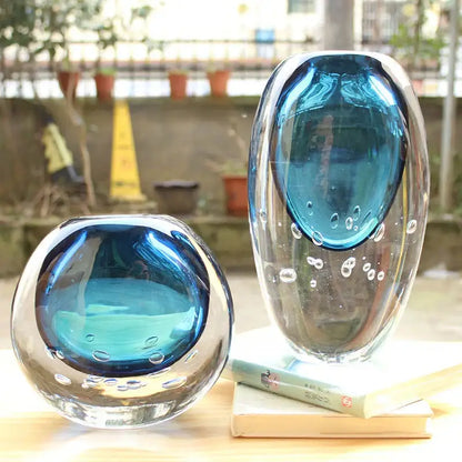 Two translucent decorbites crystal glass vases with vibrant blue bubble interiors for elegant living room flower pot decor