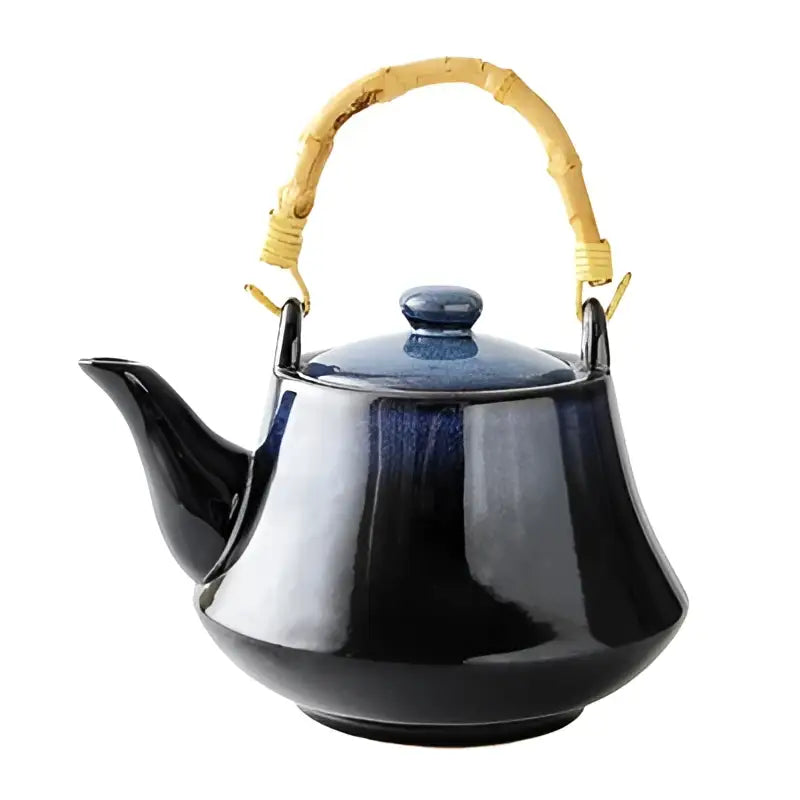 Glossy blue ceramic tea kettle with bamboo handle and lid ideal for decorbites blue ceramic tea dining room set