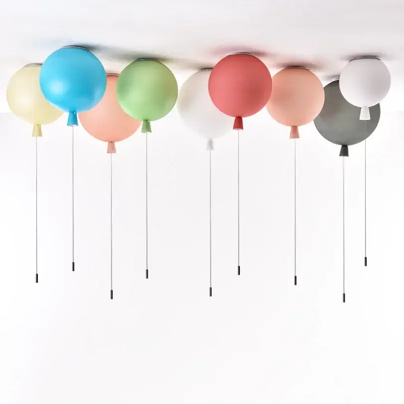 Glossy colorful balloon ceiling lamp with pastel blue green pink peach white and gray spheres for kids bedroom