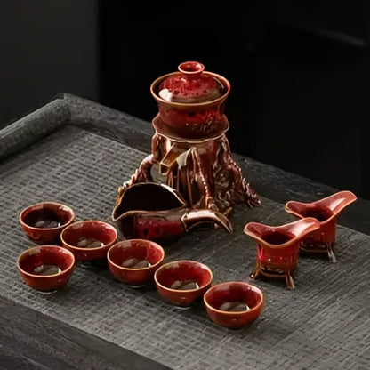 Red ceramic magnetic rotating tea set with intricate carvings and matching lid decorbites dragon teapot for dining room