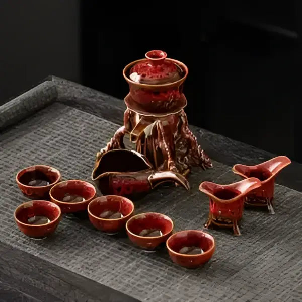 Red ceramic magnetic rotating tea set with intricate carvings and matching lid decorbites dragon teapot for dining room