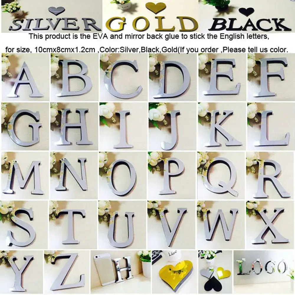 Glossy gold 3d mirror alphabet letters made of eva with silver and black accents for living room wall decorbites 3d mirror