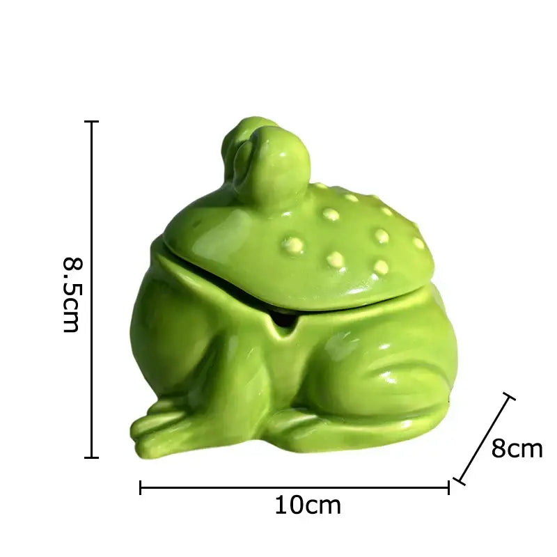 Glossy lime green decorbites frog ceramic ashtray with lid featuring small yellow dots for living room decor