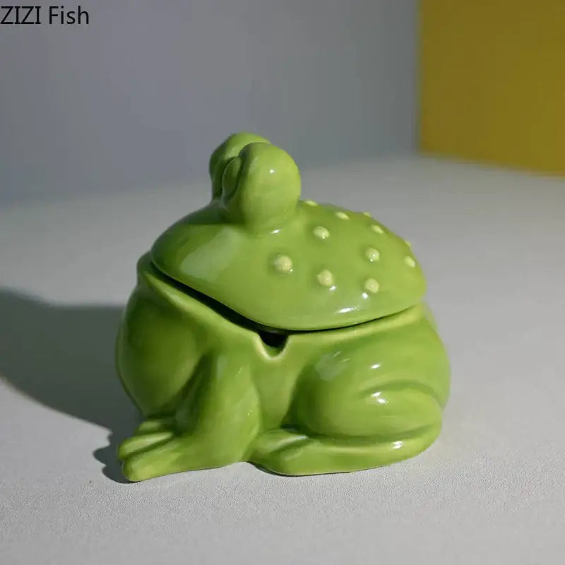 Glossy green frog ceramic ashtray with lid featuring raised dots by decorbites frog ceramic for living room decor