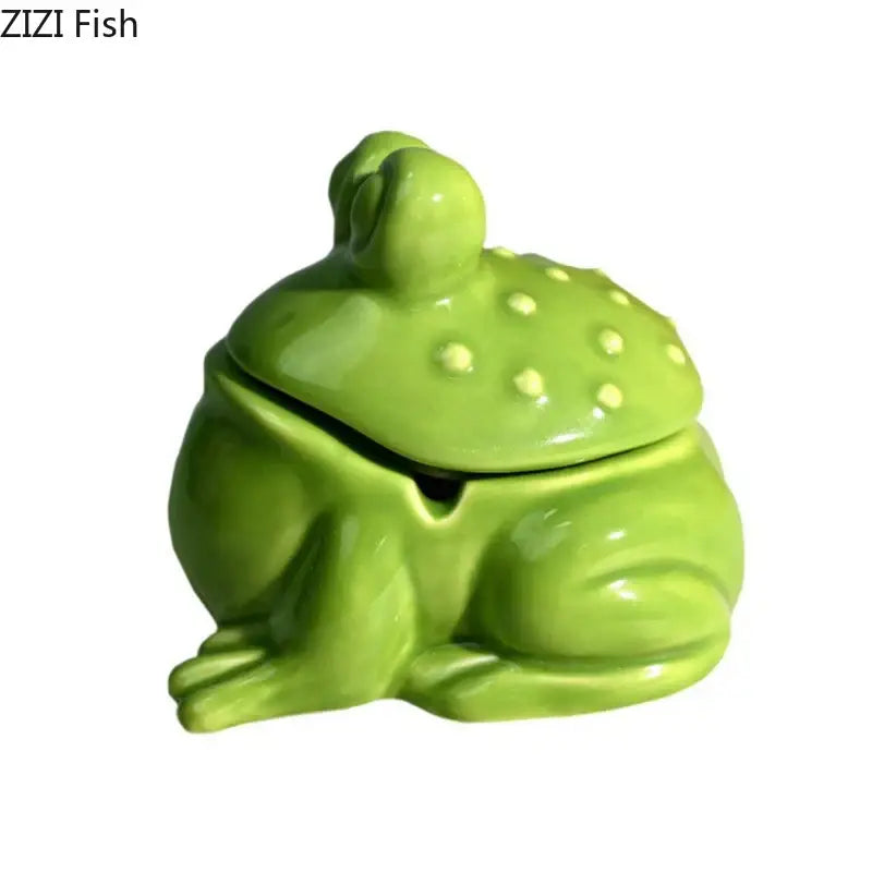 Glossy lime green frog ceramic ashtray with yellow polka dots and lid for living room decor by decorbites frog ceramic