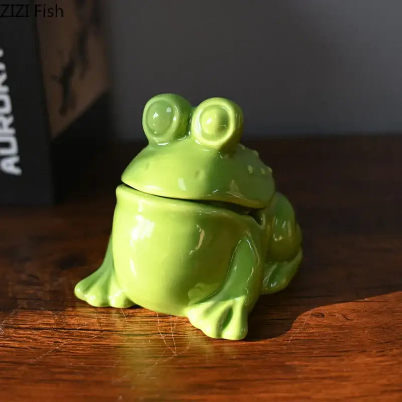 Glossy lime green decorbites frog ceramic ashtray with lid for living room decor and functional storage container