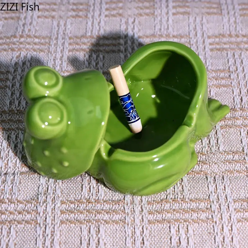 Glossy green decorbites frog ceramic ashtray with lid featuring textured details for living room decor