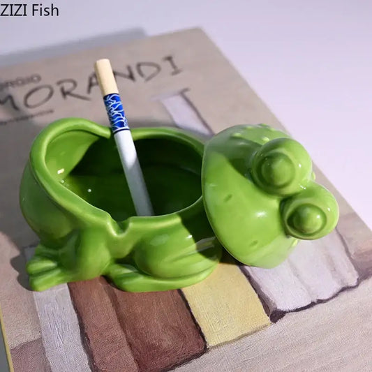 Glossy green frog ceramic ashtray with lid featuring detailed eyes and textured skin for living room decor by decorbites frog ceramic