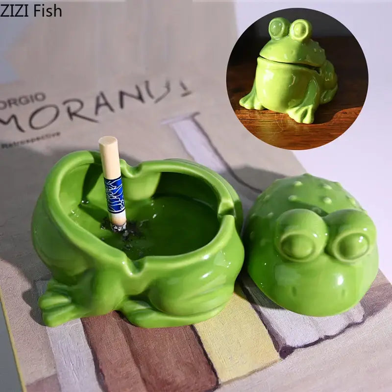 Glossy green decorbites frog ceramic ashtray with matching lid made of ceramic for living room decor