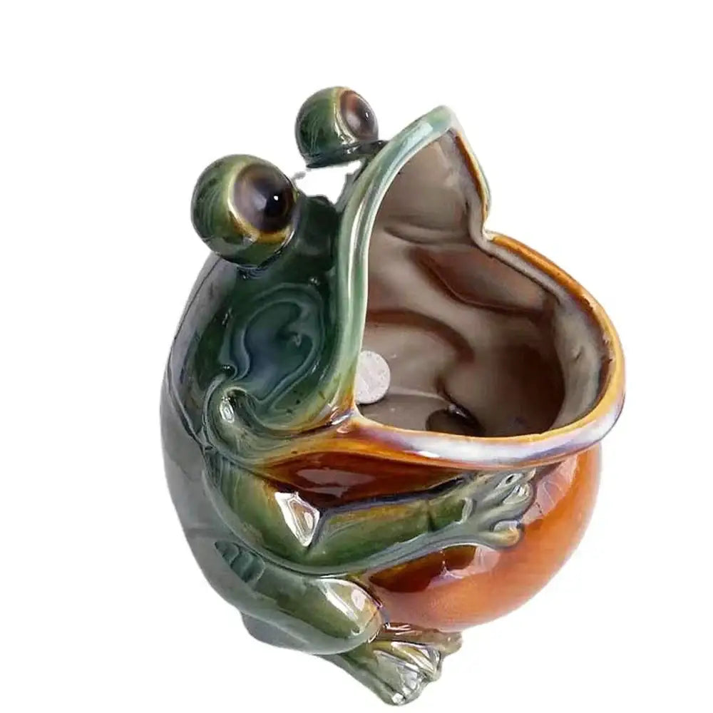 Glossy green and orange decorbites ceramic animal storage frog planter with wide open mouth for kitchen use