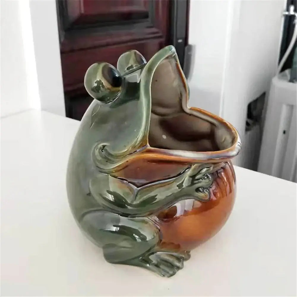 Glossy green and brown decorbites ceramic animal storage frog planter with open mouth cavity for planting