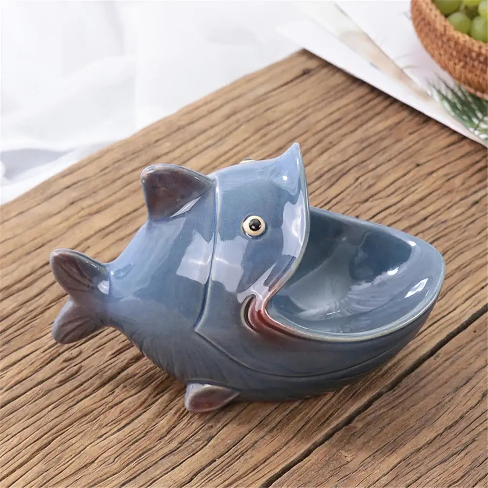 Glossy blue ceramic fish-shaped soap dish with gold-rimmed eye from decorbites ceramic animal storage collection