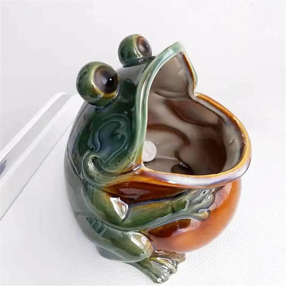 Glossy green and orange decorbites ceramic animal storage frog planter with wide open mouth for kitchen use