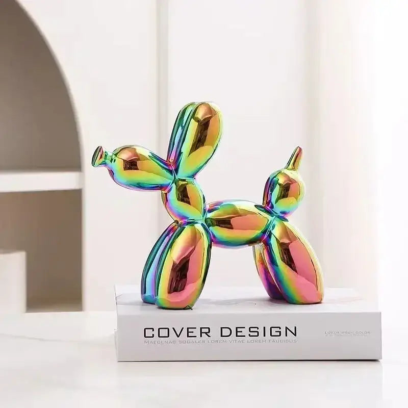 Glossy iridescent silver and gold 22cm balloon dog ceramic figurine with reflective rainbow hues for living room decor