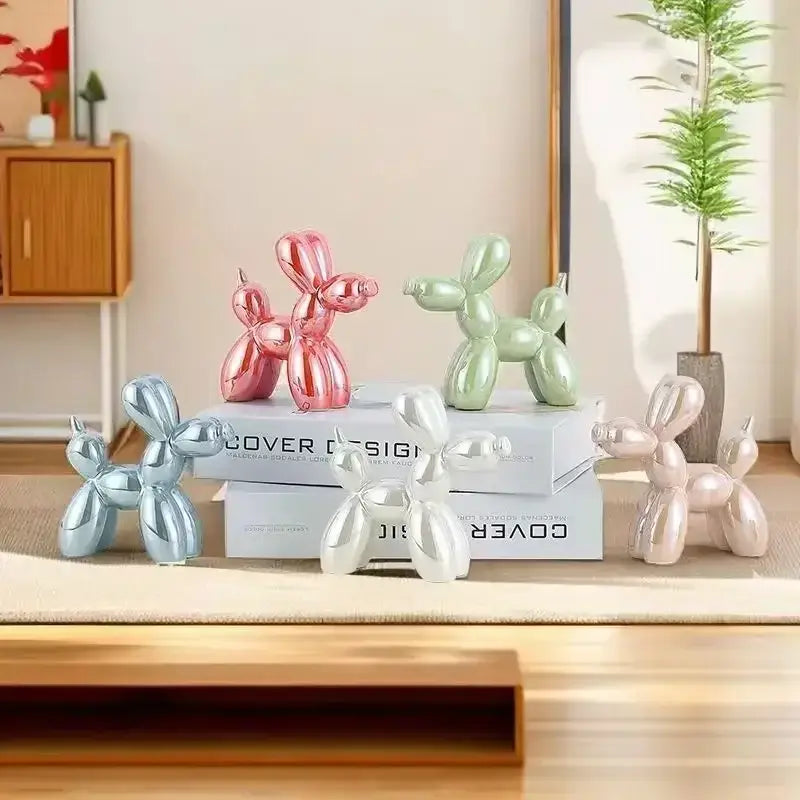 Glossy iridescent silver and gold 22cm balloon dog ceramic figurines with pink and mint green metallic versions for living room decor