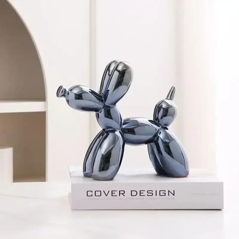 Shiny dark gray balloon dog ceramic sculpture 22cm glossy iridescent silver and gold living room decor