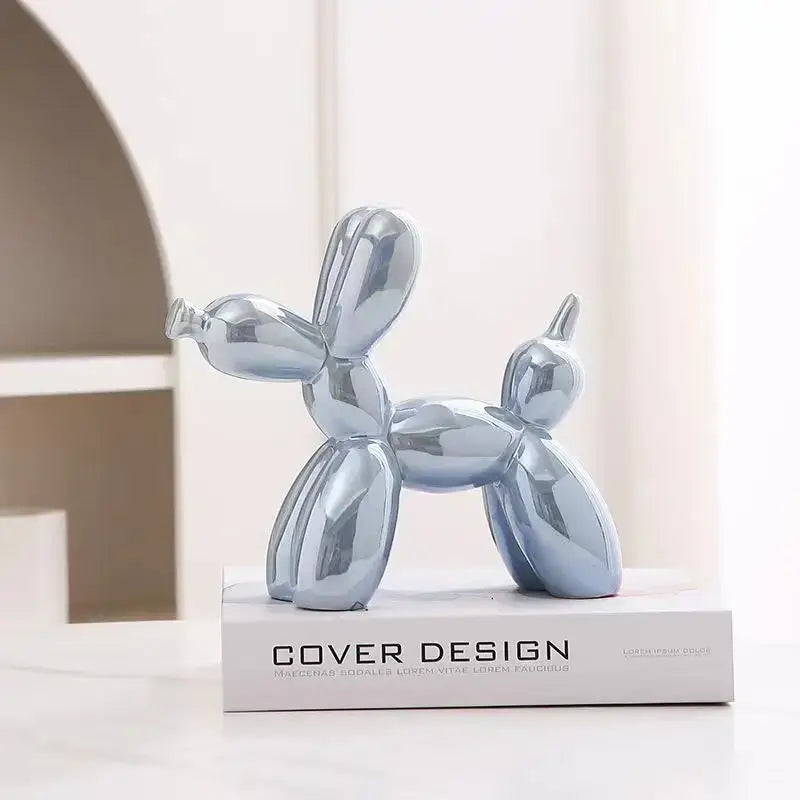 Glossy iridescent silver and gold 22cm balloon dog ceramic figurine with smooth reflective surface for living room decor