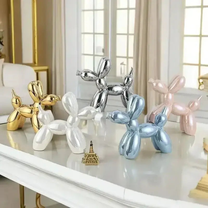 Glossy iridescent silver and gold 22cm balloon dog ceramic figurines in multiple colors for living room decor