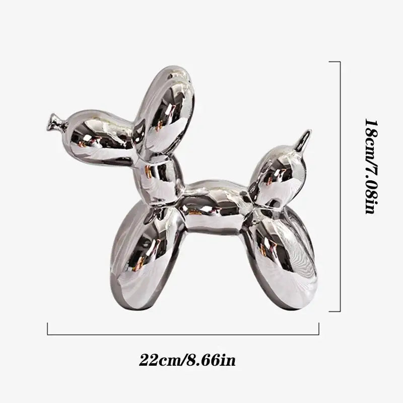 Glossy iridescent silver and gold 22cm balloon dog ceramic sculpture for living room decor measuring 22cm wide and 18cm tall