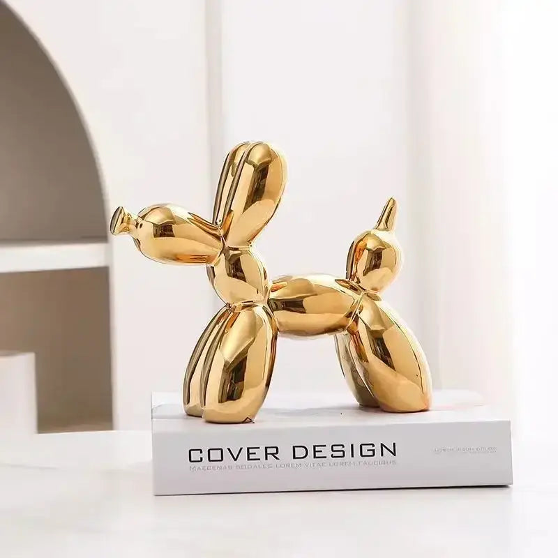 Glossy iridescent silver and gold 22cm balloon dog ceramic sculpture with sleek reflective surface for living room decor